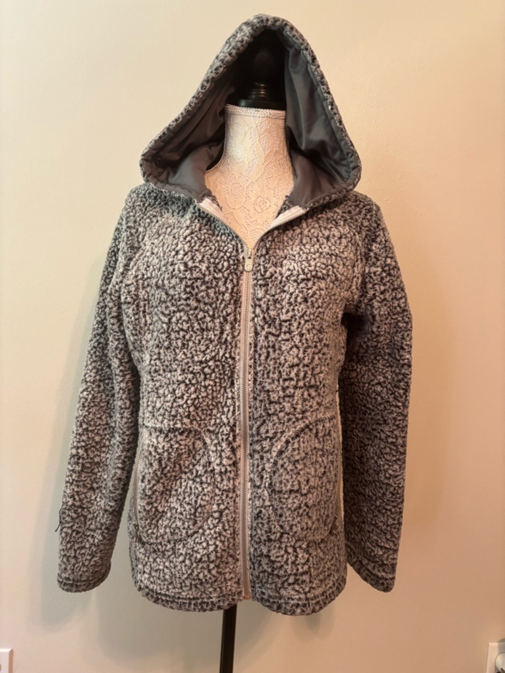 Adrienne Vittadini Heather Gray Hooded Teddy Fleece Zip Jacket